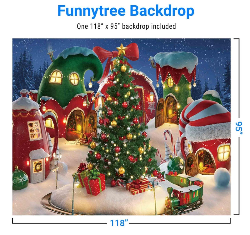 Funnytree 10x8FT Cartoon Christmas Village Photography Backdrop Winter Cabin Snow Pine Tree Background Xmas Fairy Tale Animated Kid Ice Party Photo Booth Banner Supplies Durable Soft Fabric - Image 3